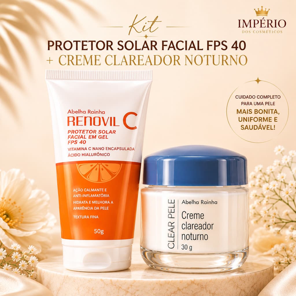 Kit Creme Facial Clareador Noturno Clear Pele + Protetor Solar Facial em Creme Gel FPS 40  - Abelha Rainha