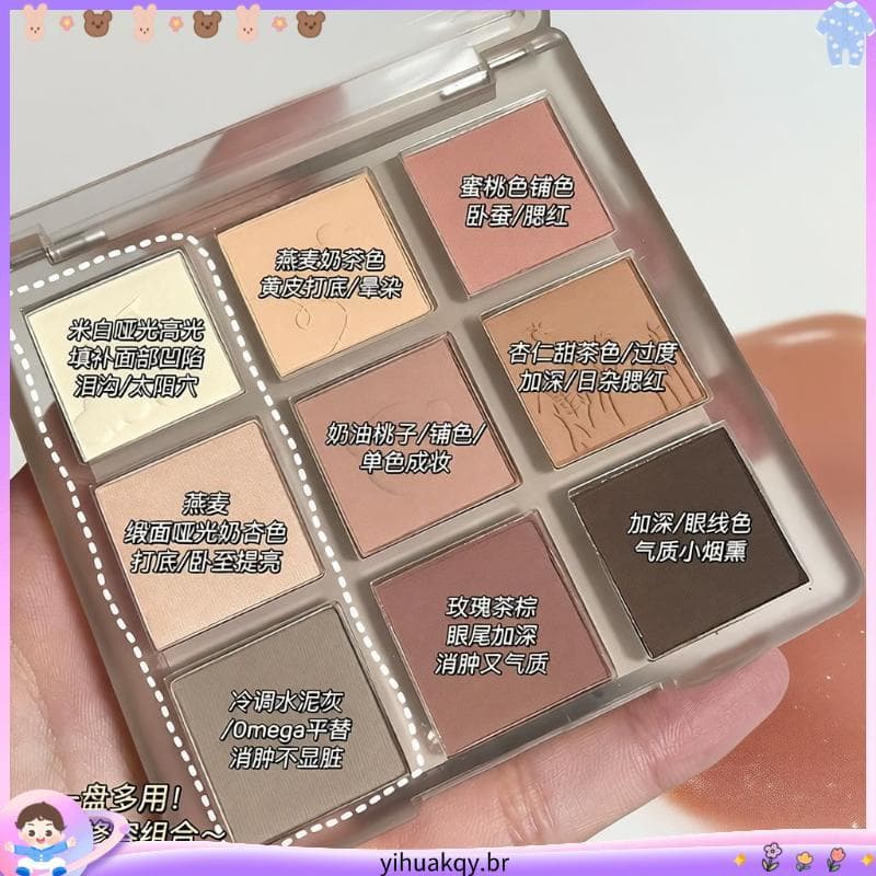 Paleta de sombras de nove cores em nuvem de aveia, baixa saturação, totalmente fosca, cor terra, perolado, bicho-da-seda