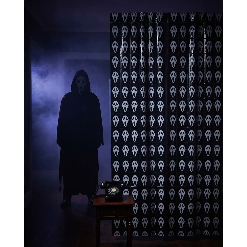 KIT Cortina Halloween Panico na TV Preta Ghostface Filme Decoração Metalizada Dia das Bruxas Aniversario Festa Terror