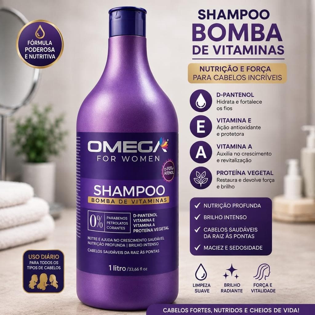 Shampoo Omega Hair Bomba de Vitaminas 1L Crescimento Hidratação