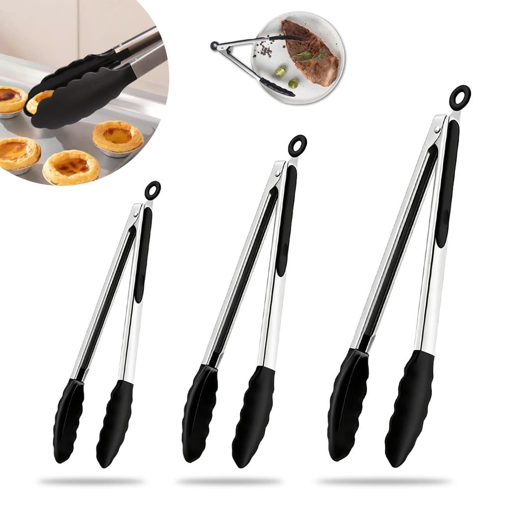 Kit 3 Pegadores Silicone Inox Pinça Cozinha Churrasco Salada Pequeno Médio Grande