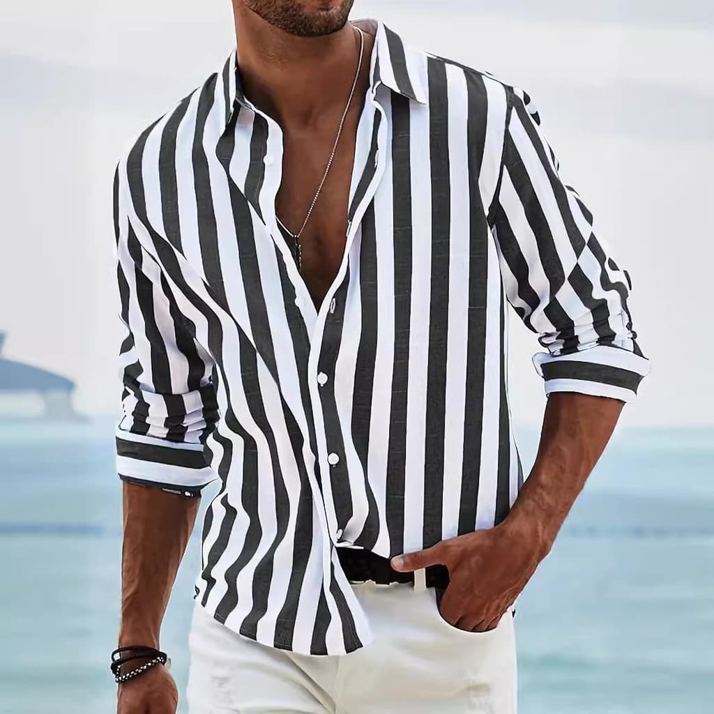 Nova camisa masculina listrada Casual solta de manga comprida