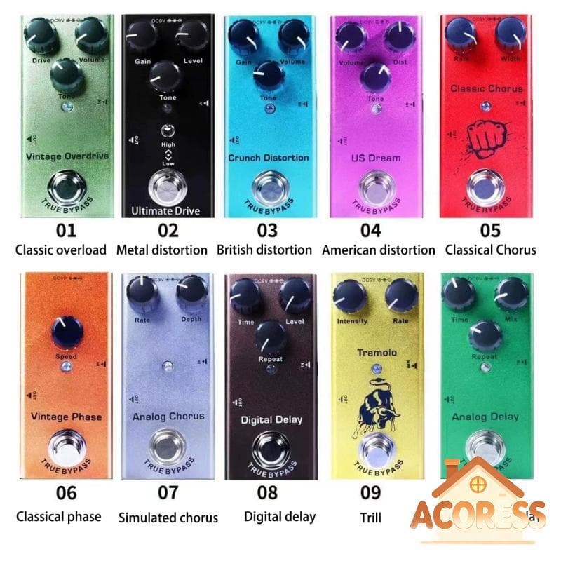 Pedal Efeito Guitarra Elétrica ACO * 9V 10 Opções Som Efeitos Pequena
