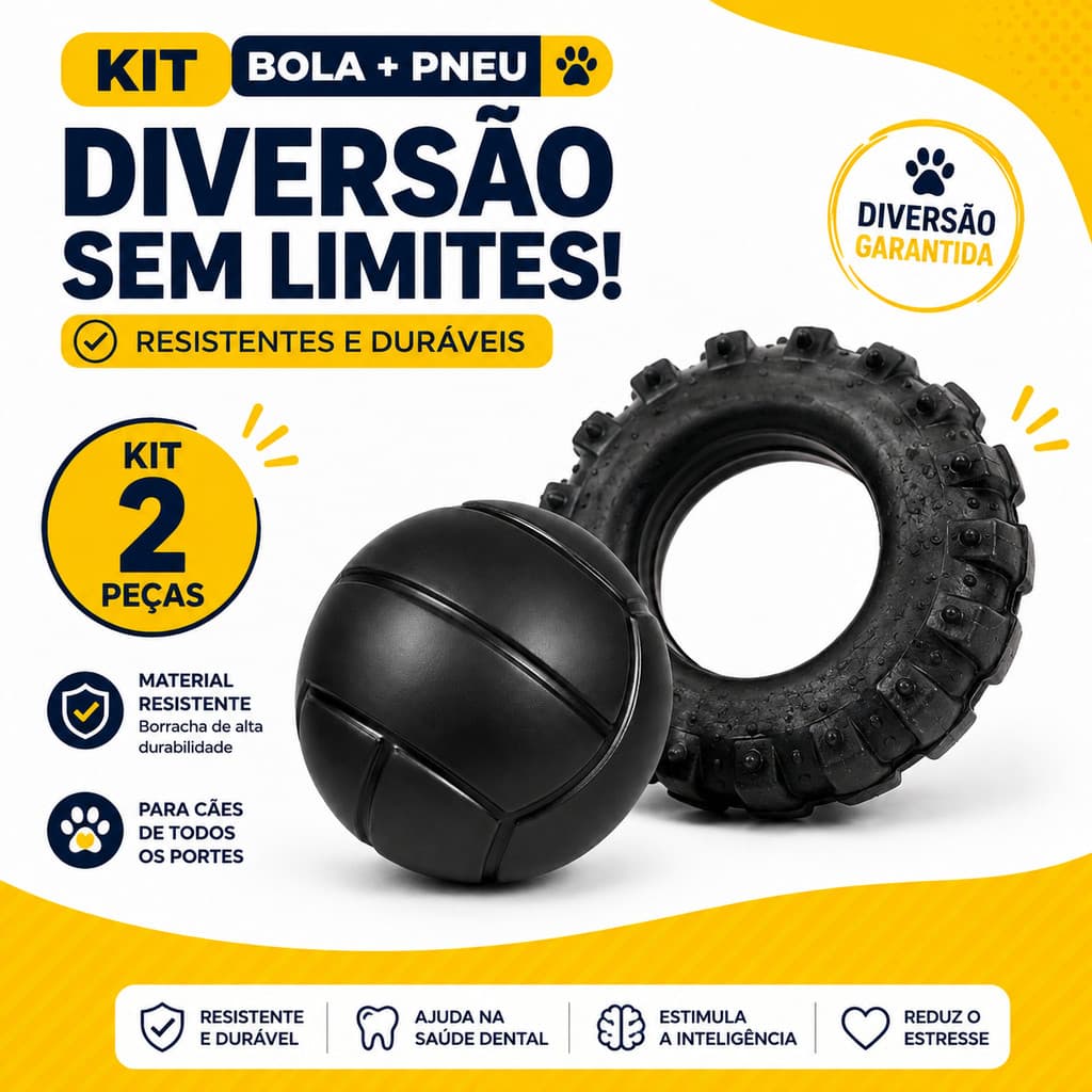 Brinquedo Cachorro Kit Bola e Pneu 2 Peças Pet para Morder e Brincar
