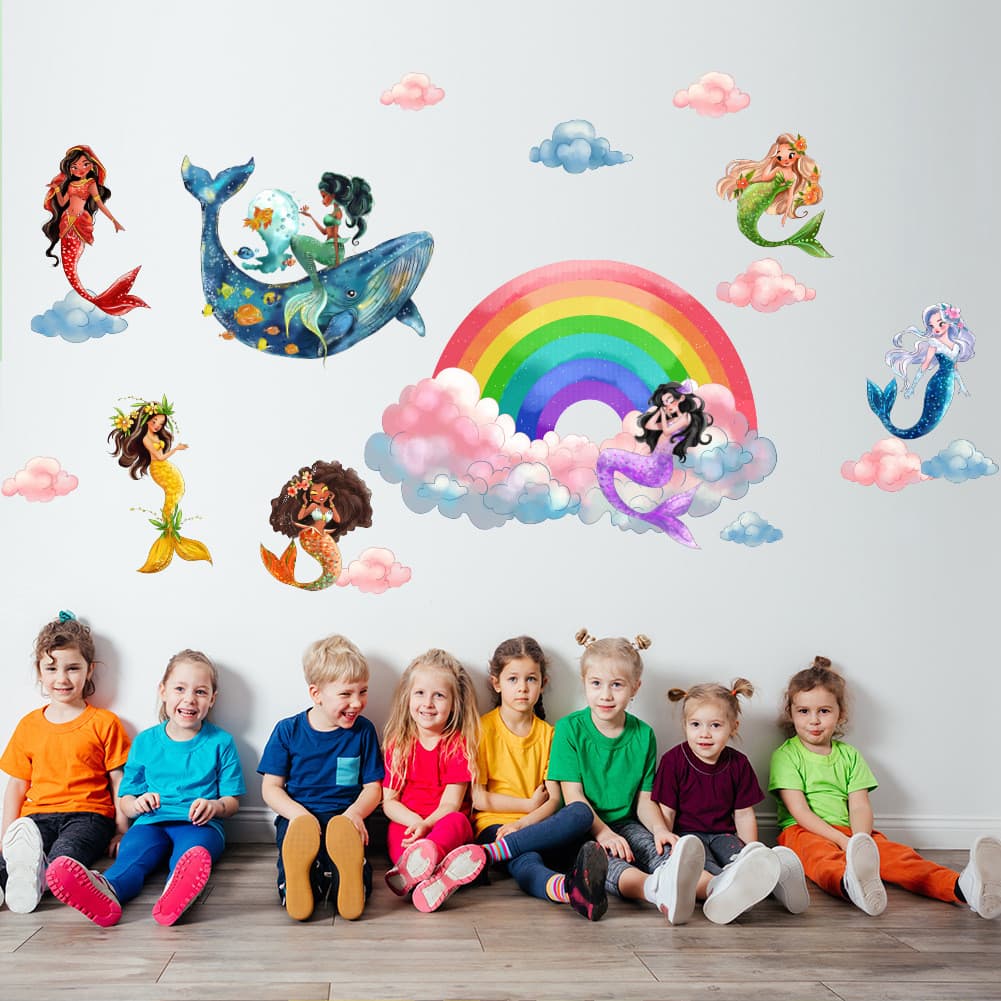 Papel de parede dos desenhos animados sereia arco-íris nuvem adesivos de parede quarto das crianças jardim de infância p
