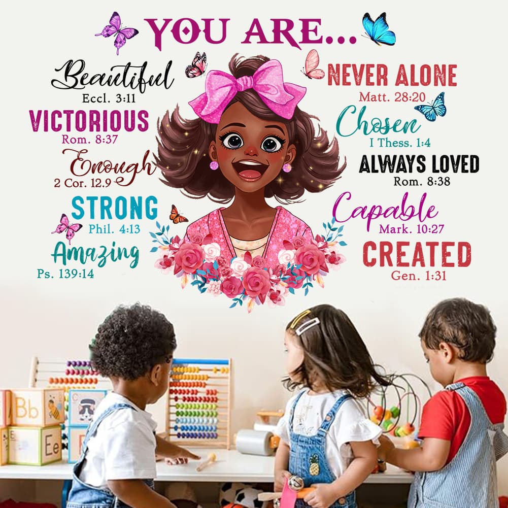 Papel de parede dos desenhos animados menina negra inglês inspirador Slogan adesivo de parede quarto das crianças fundo