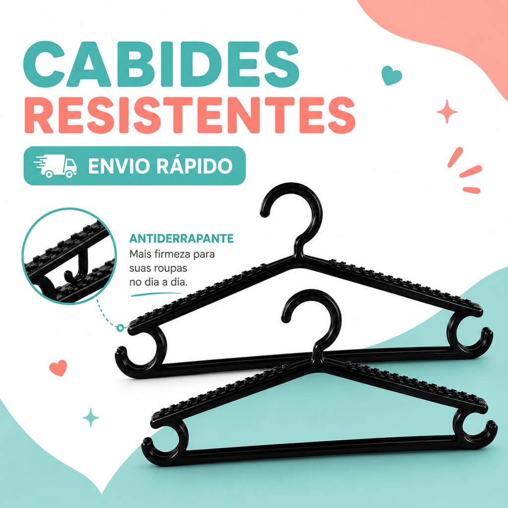 Kit Cabide para Roupas Adulto Reforçado Preto Antideslizante com Gancho para Armário e Closet