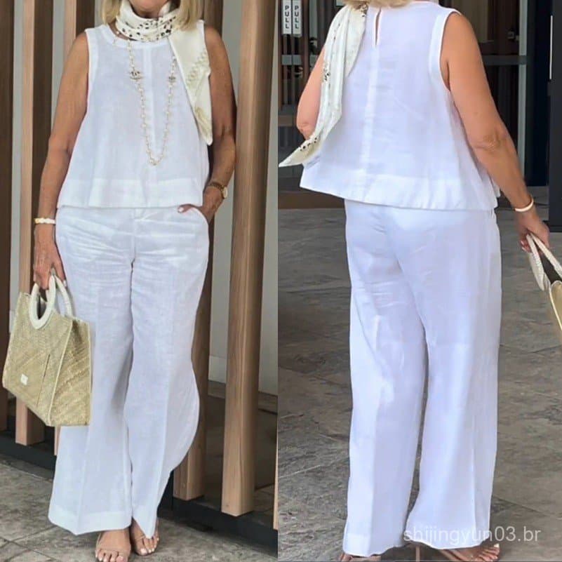 Conjuntos de Duas Peças Confortáveis em Algodão e Linho, Roupas Femininas, Verão-Outono 2025, Tops e Calças Casuais Sóli