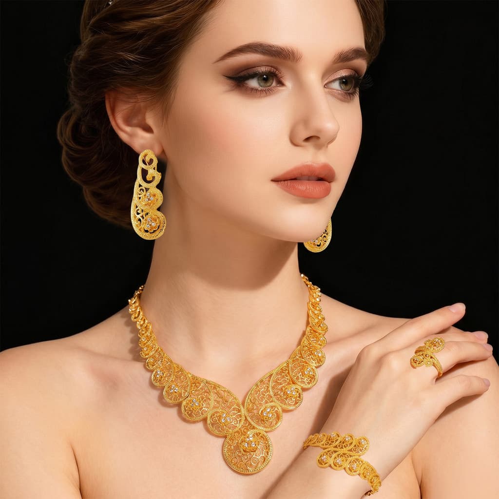 Joias Do Paquistão Dubai 24k Banhado A Ouro Conjunto De Noiva 4 Peças Presente De Casamento Para Mulheres Colares Brinco