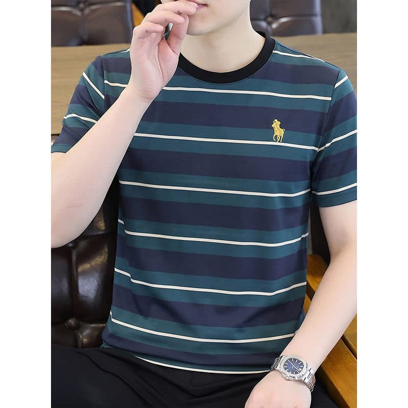 Moda masculina de verão Casual Bottoming camiseta de alta qualidade meia manga listras soltas All-Match em torno do pesc
