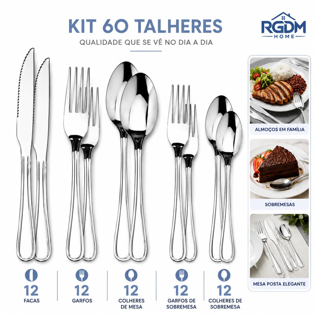 Jogo Talheres Inox Premium 30/60 Peças Garfo Faca Colher Garfo e Colher de Sobremesa