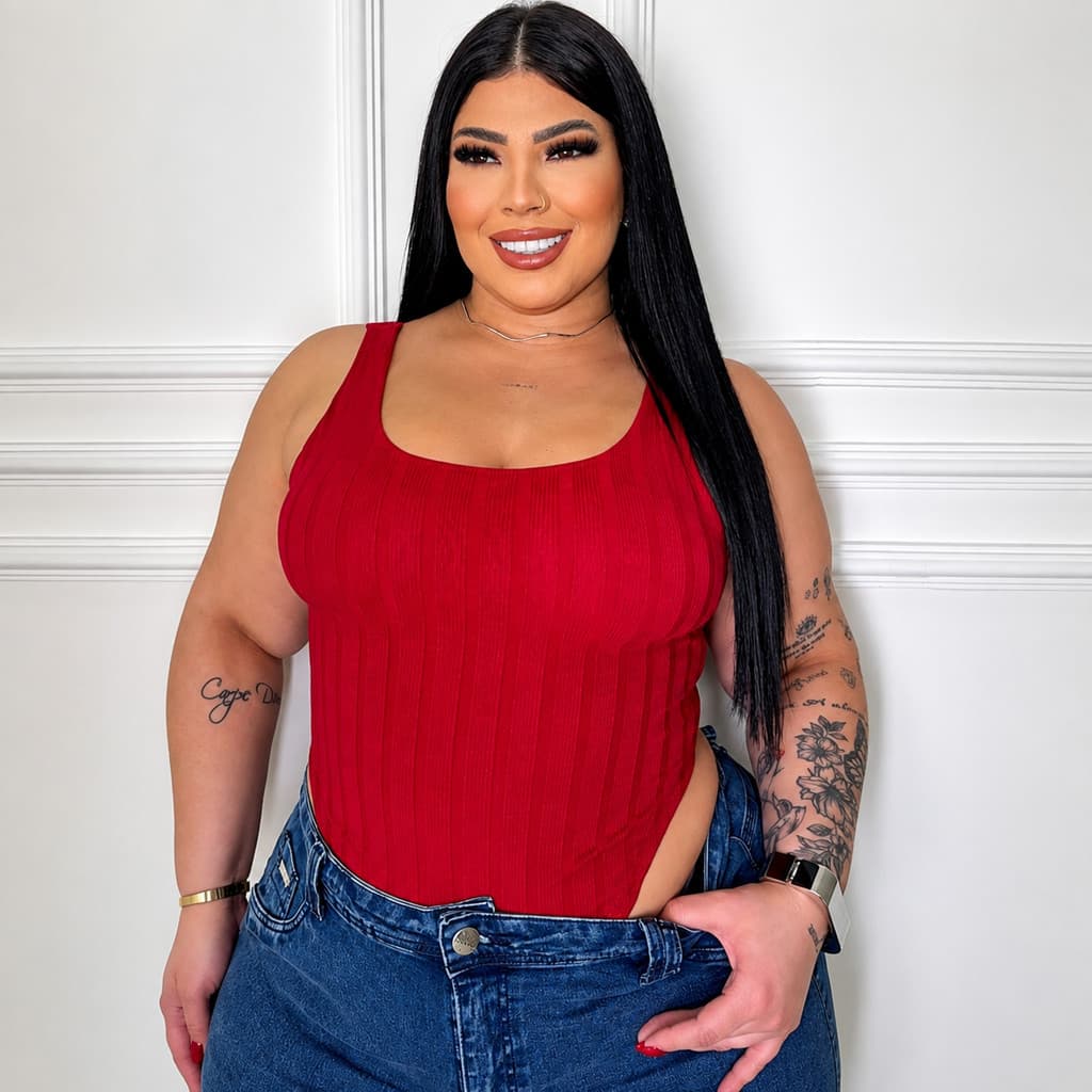 Body Feminino Canelado Regata Cavado Gola Quadrada Slim e Plus Size M-G 38-42 G1-G2 46-52 Moda Feminina Casual