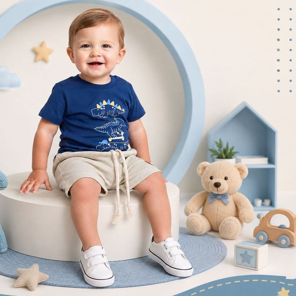 Roupa Infantil Menino Conjunto Dinossauro Camiseta Shorts Confortável Moda Passeio Bebê Premium