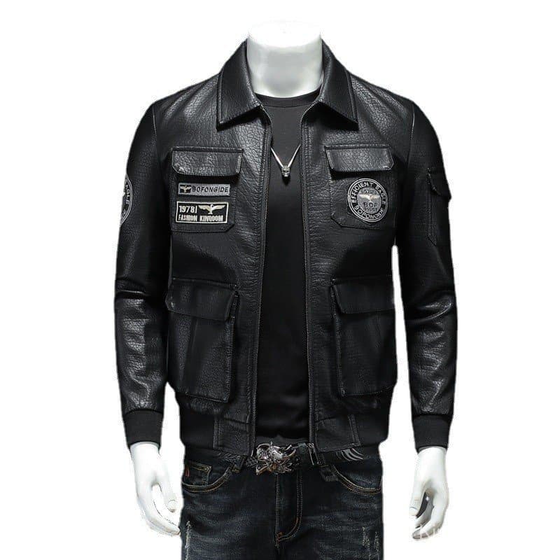 Jaqueta de couro casual masculina, jaqueta de motociclista masculina, jaqueta masculina de couro PU com lapela estilo co