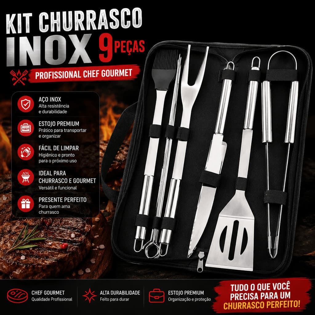 Kit 9 Peças Para Churrasco Profissional Com Estojo Inox Chef Gourmet Utensílios