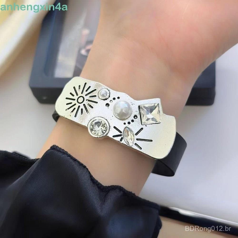Pulseira De Metal Exagerada ANHENGXIN , Couro Com Fivela De Cinto De Strass Armlet , Destacável
