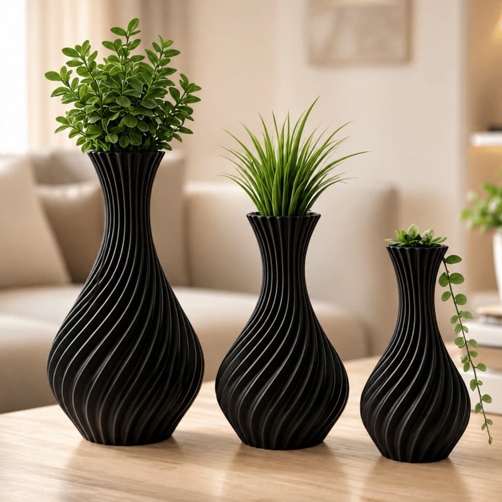 Kit 3 Vasos Decorativos Preto em Espiral Decoração Moderna para Sala e Estante