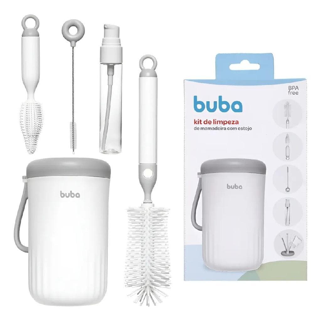 Kit Portátil Para Limpeza de Mamadeira Buba com Estojo Portátil, Escova para Mamadeira, Bico e Canudo