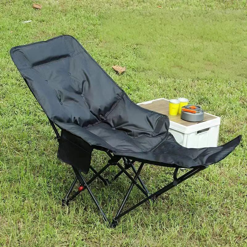 Cadeira De Camping Reclinável Dobrável 2 Em 1 Com Apoio Para Pés Preto Portátil Pesca Praia
