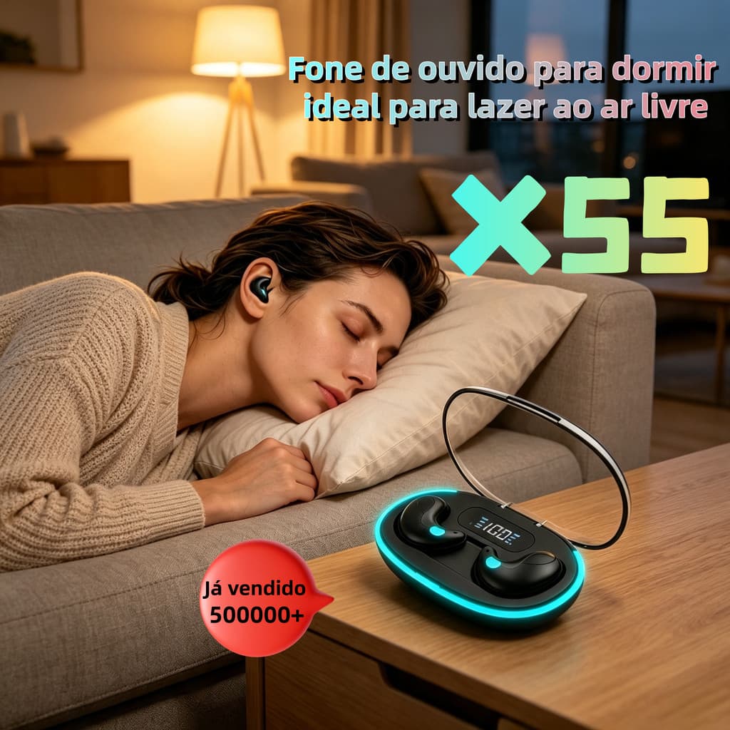 Fone Bluetooth X55 Mini Sem Fio para Dormir e Uso Diário! HIFI Estéreo Cancelamento de Ruído, Longa Autonomia, Leve Conf