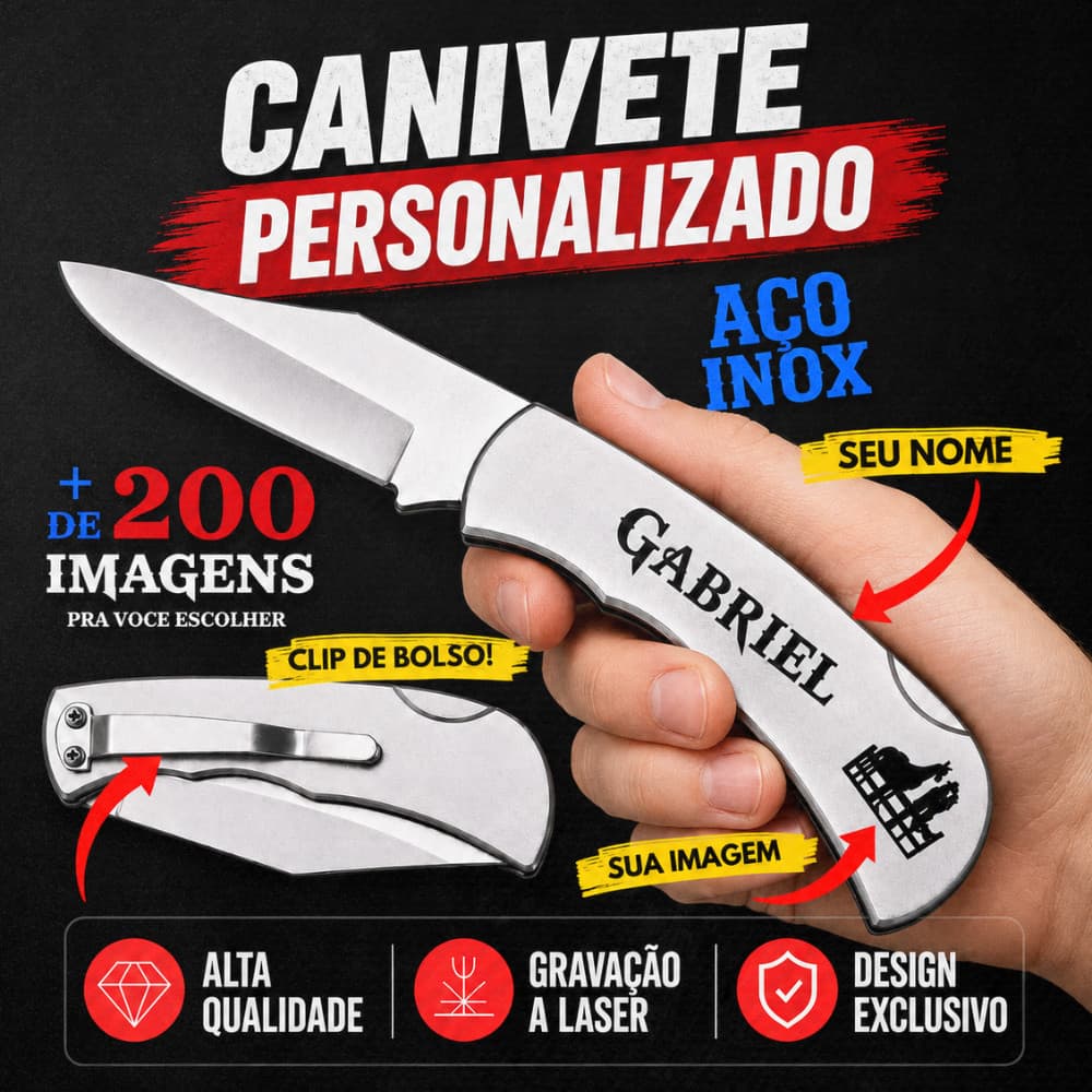 Canivete Personalizado com Nome Desenho e Imagem Inox Gravado a Laser Clip de Bolso Presente Envio Imediato