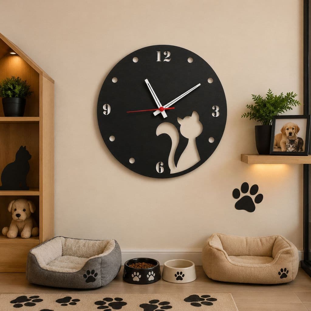 Relógio De Parede Pet Cachorro Ou Gato 30cm Decorativo Em MDF Para Sala Quarto Escritório