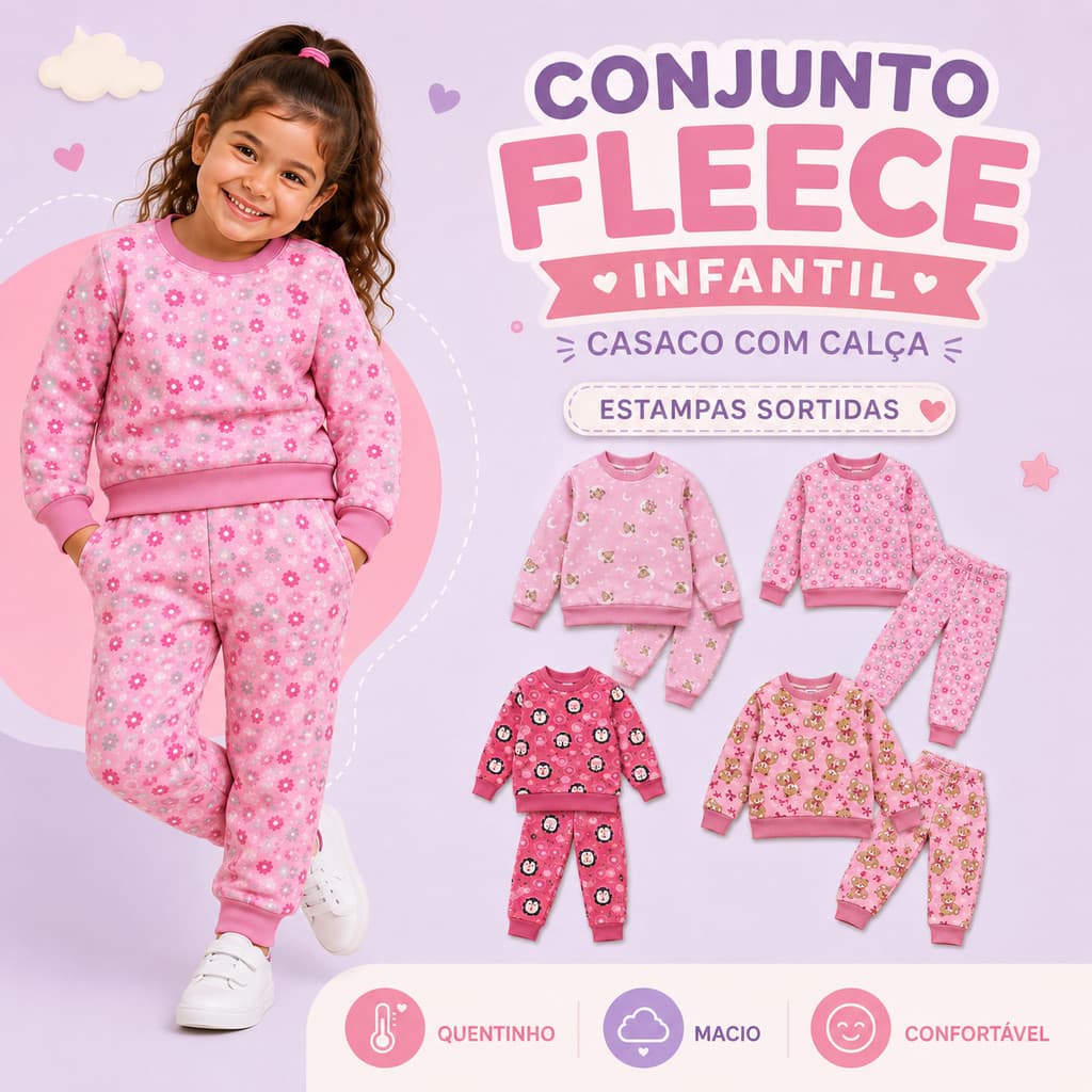 Conjunto Infantil Menina Fleece 100% Poliéster Roupa de Inverno Macia Quentinha e Confortável