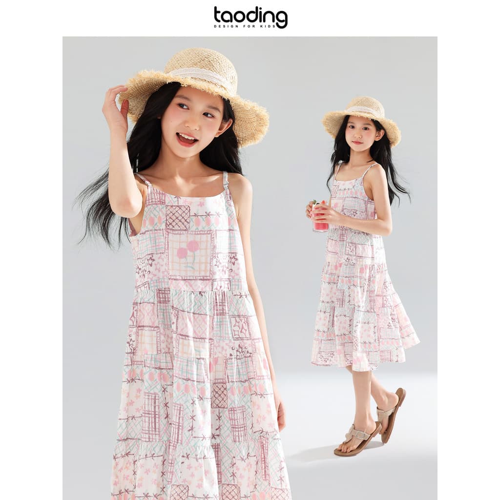 Taoting Meninas Vestido Doce Xadrez Sling Praia Férias Feminino Verão Fresco Casual Respirável Saia Leve