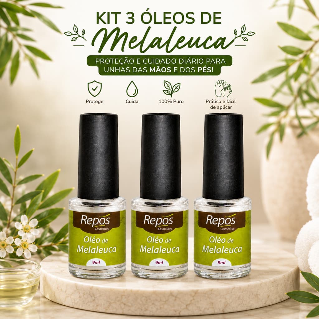 Kit 03 Óleo de Melaleuca Puro Repós 9ml Tea Tree Antifúngico Fungos Micose Unhas Pés Mãos Proteção Cuidado
