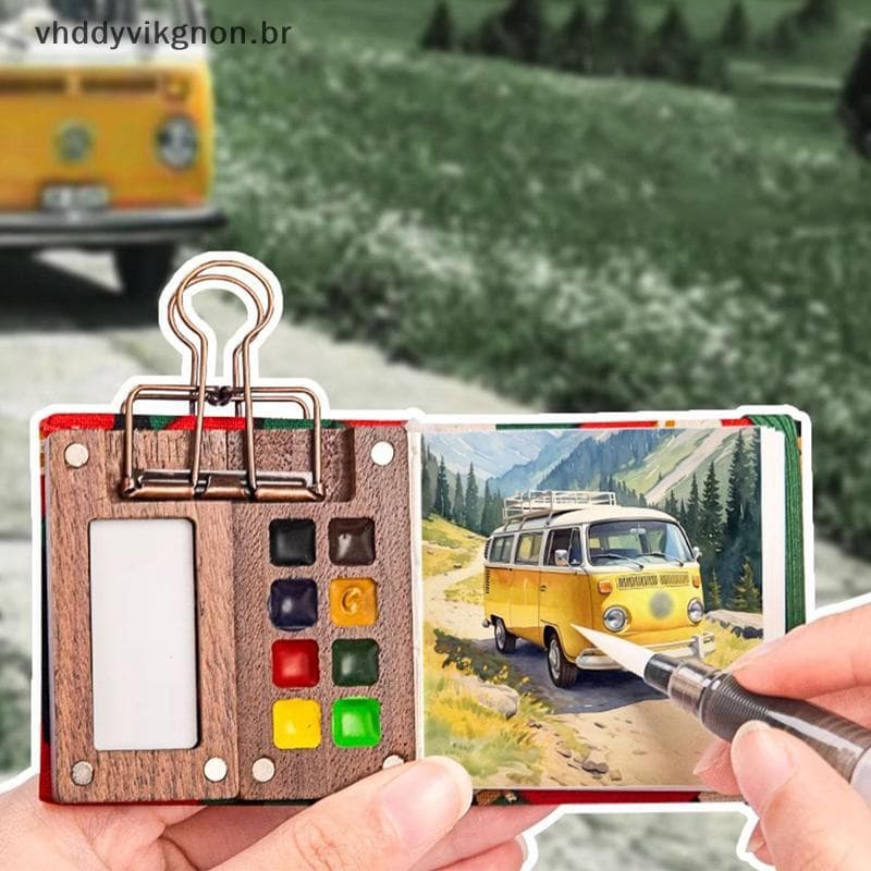 vhddyvikgnon Mini Paleta De Aquarela De Madeira De Nogueira Caixa De Pintura Portátil Com Clipe Bandeja De Viagem Suprim