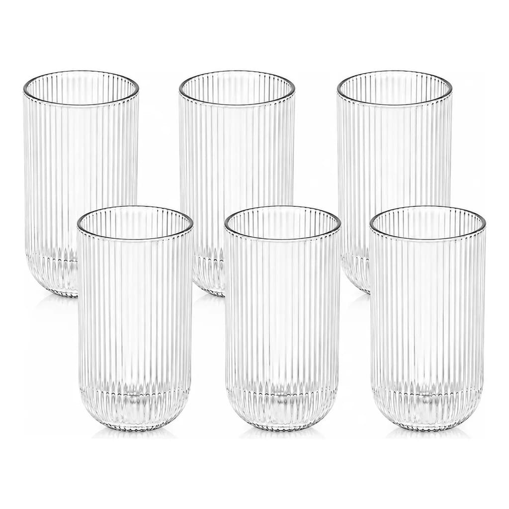 Jogo 6 Copos Rosewood 450ml Vidro Canelado Água Suco Drink Refrigerante Mesa Posta Cozinha Elegante Resistente
