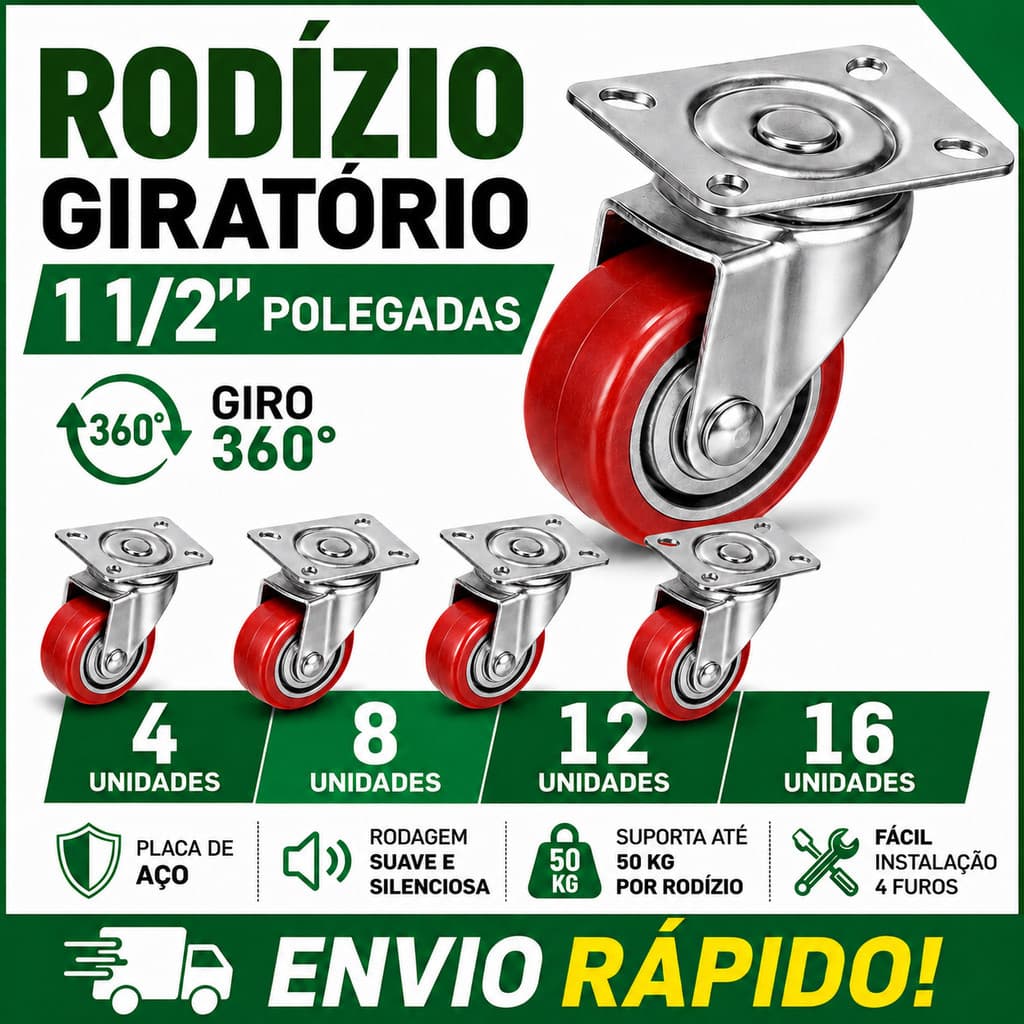 Rodízio 1.1/2 Com Placa Giratória Rodinha Para Bancada  Móveis Pesados Resistente Fácil Instalação Reforçado Silencioso