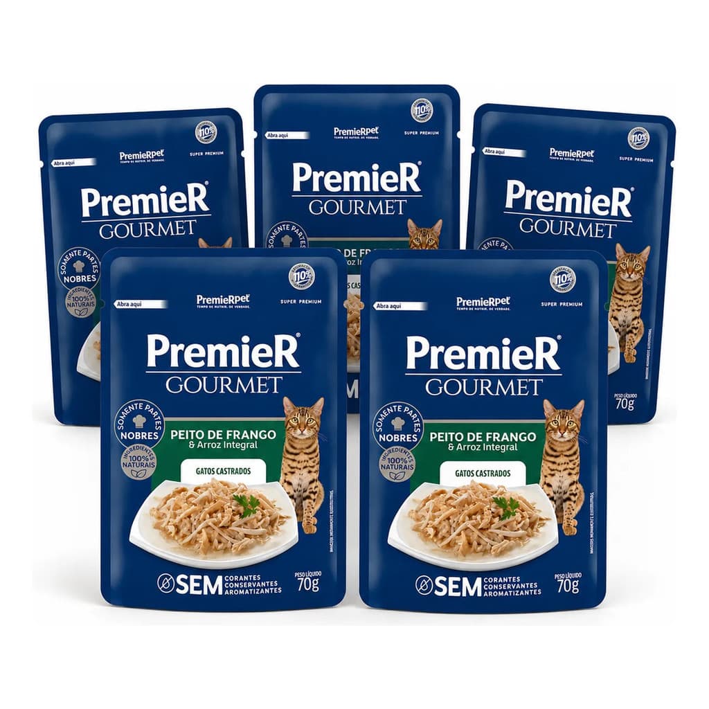 5 Sachê para Gatos Castrados PremieR Gourmet Frango 70g