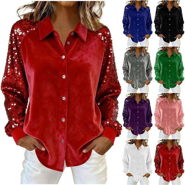 Camisa Feminina Solta de Veludo com Mangas Longas e Detalhes em Lantejoulas