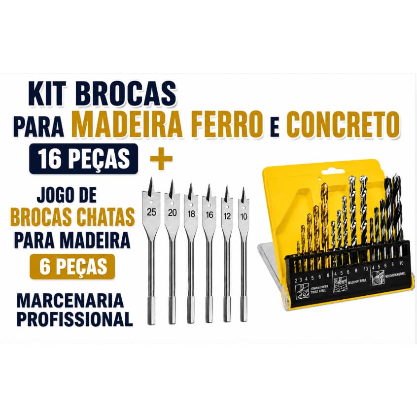 Kit Brocas para Madeira Ferro e Concreto 16 Peças + Jogo de Brocas Chatas para Madeira 6 Peças