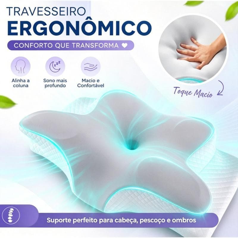 TRAVESSEIRO ORTOPÉDICO BORBOLETA CERVICAL PARA COMBATE A DORES NA COLUNA, DORES DE CABEÇA - VISCOELASTICO FRONHA LAVÁVEL