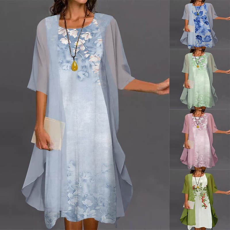 2026 verão senhoras vestido Casual de duas peças estampa Floral em torno do pescoço magro-ajuste saia longa feminina