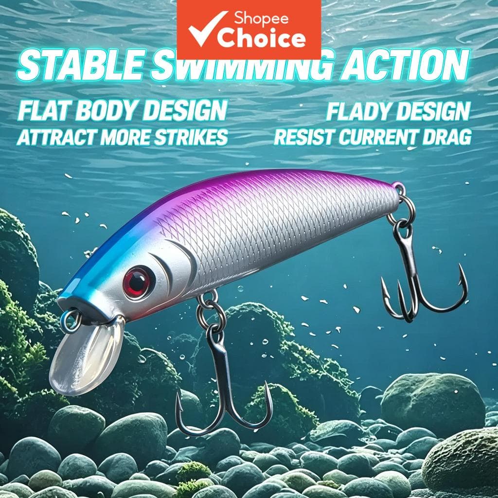 Isca de Pesca Dura Minnow Corpo Plano Isca Artificial Anzol Triplo Isca para Black Bass