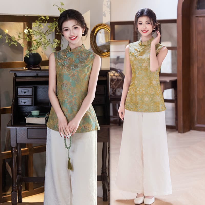 Novo estilo chinês estilo Hong Kong sem mangas Jacquard topo calças casuais terno 2026 verão novo estilo jovens senhoras