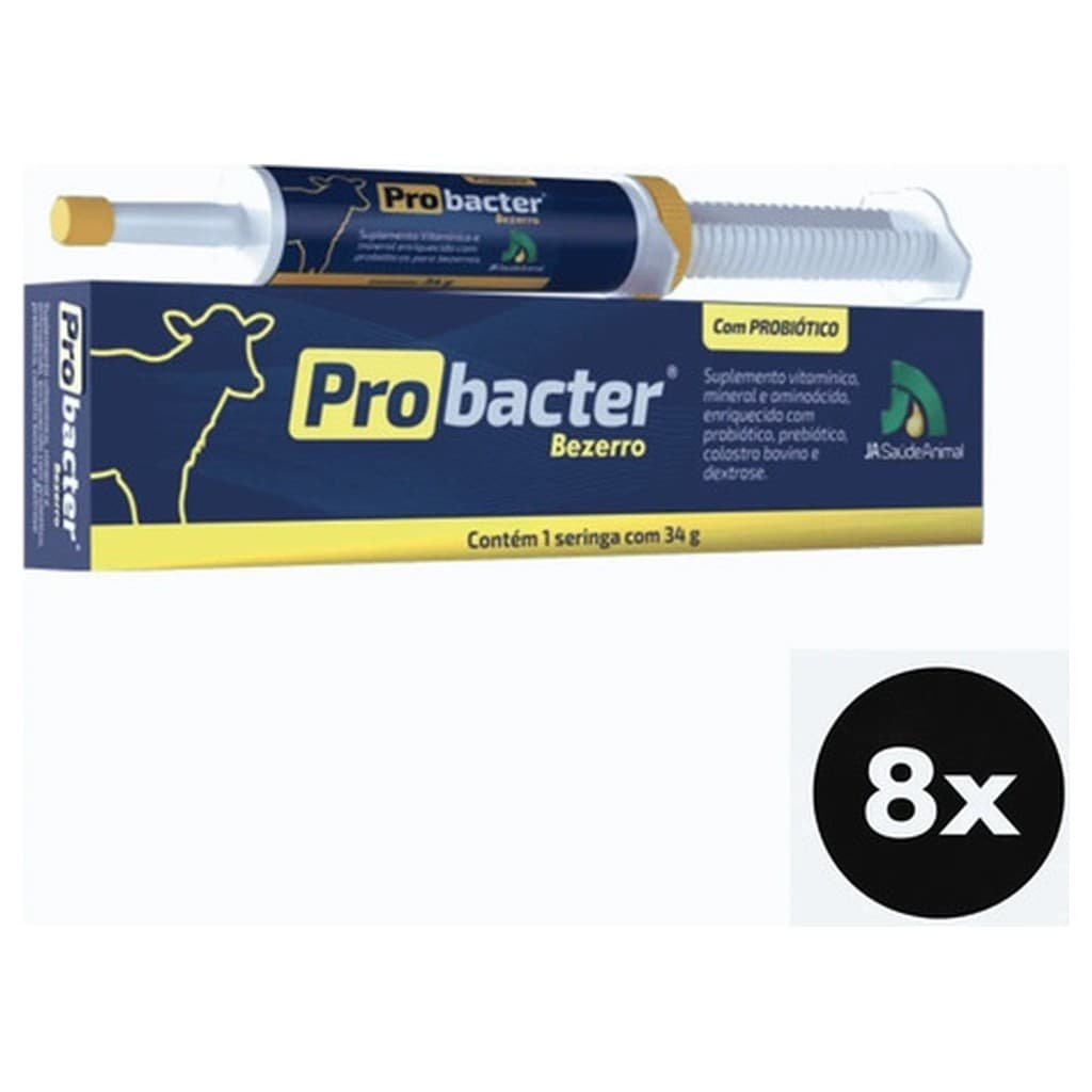 Kit 8 JA Probacter Bezerro 34g Suplemento Oral Prebiótico Probiótico Colostro Vitaminas Minerais Aminoácido Seringa