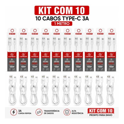 Kit 10 Cabos Tipo C 1 Metro USB 3A Branco De Alta Resistência