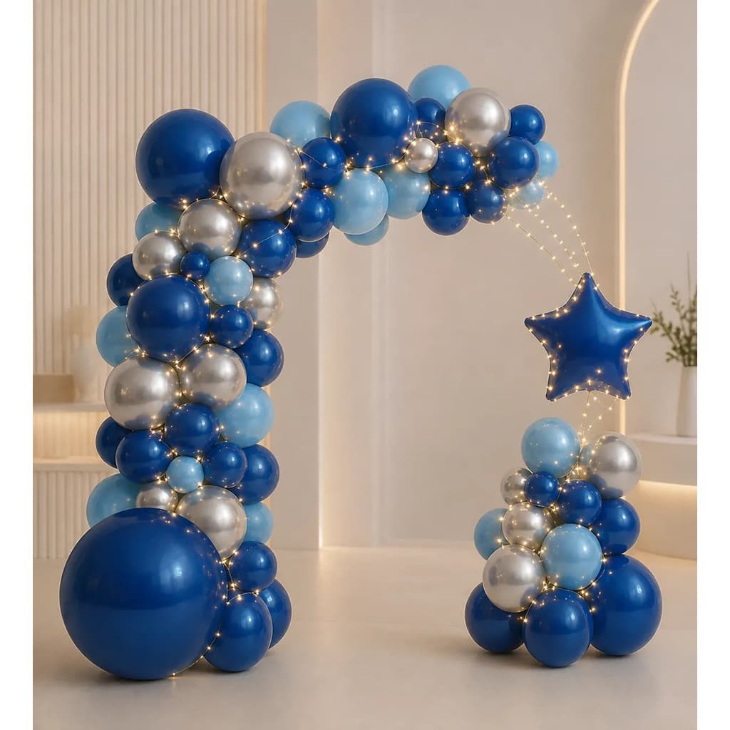 Kit Balões Festa Bexiga + Led Bexiga Azul Prata Arco Desconstruído Metalizado + Fita