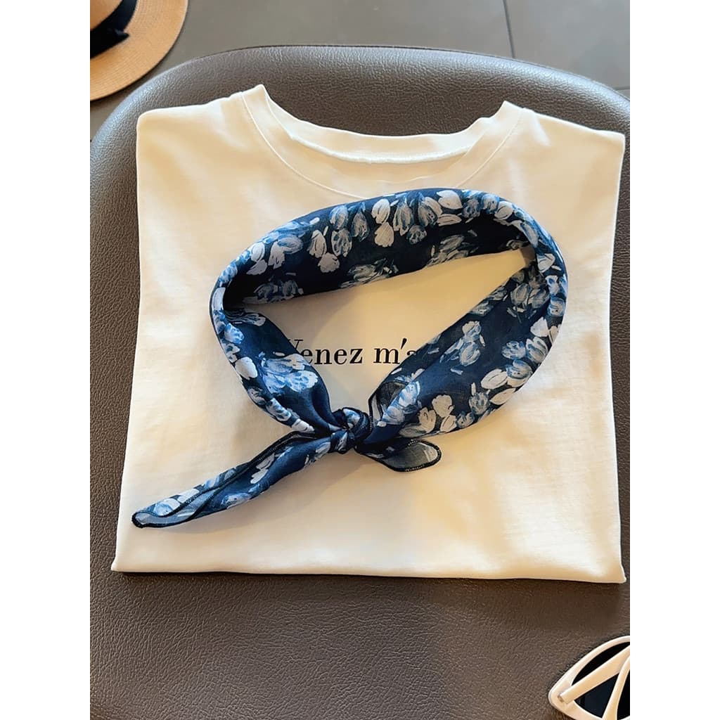 Índigo flor sombra Retro literário pequeno lenço quadrado algodão linho estilo fino pescoço cachecol feminino verão pesc