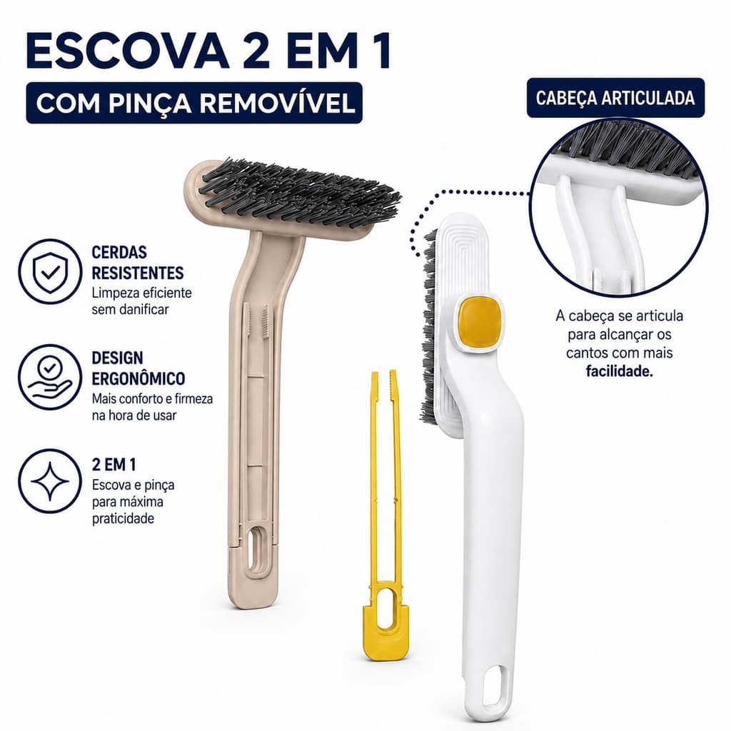 Escova Limpeza Articulada 360° Multiuso Com Pinça Removível Cantos Frestas Trilhos Janelas
