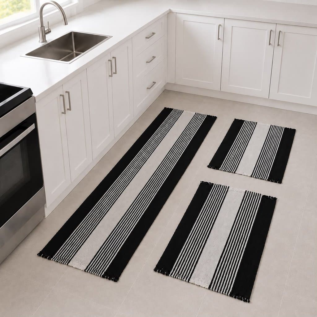 Jogo De Tapete 3 Peças Passadeira Para Cozinha de Crochê Luxo Antiderrapante Decorativo Liso Listrad