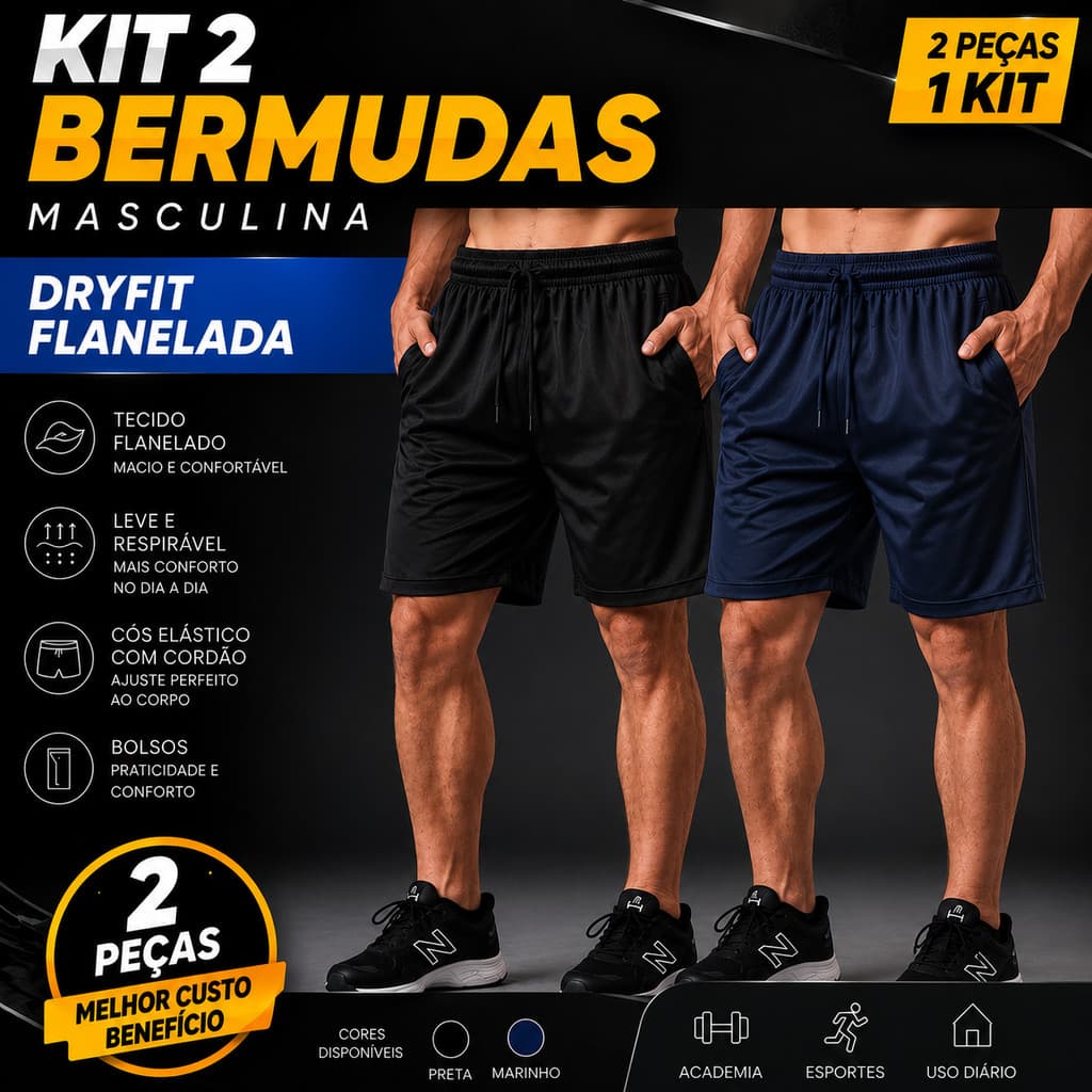 Kit/conjunto 2 Bermudas Shorts Chimpa Dry Fit- Tecido Leve e confortável de primeira linha, Academia, Caminhada, Casual