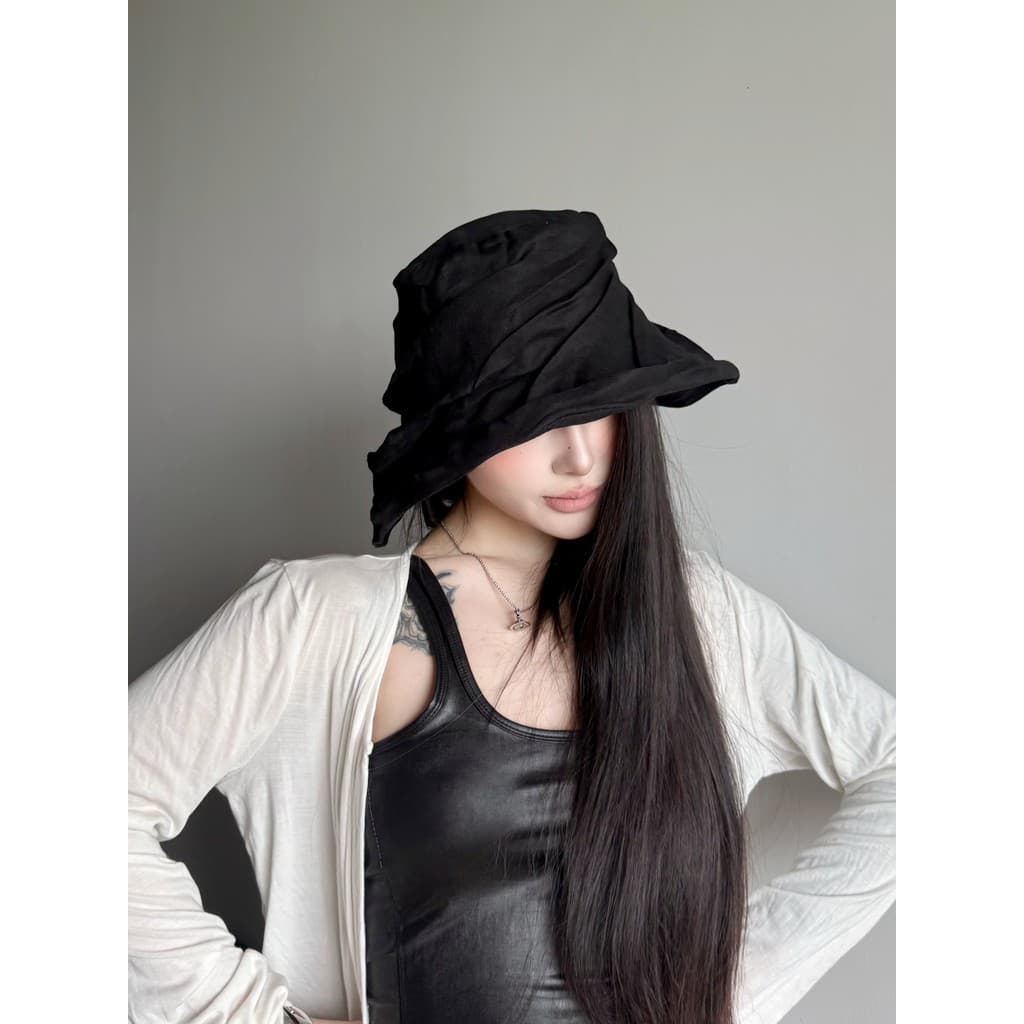 Nicho estilo escuro plissado Ramie balde chapéu feminino primavera verão pára-sol luz respirável pequeno rosto Tencel ba