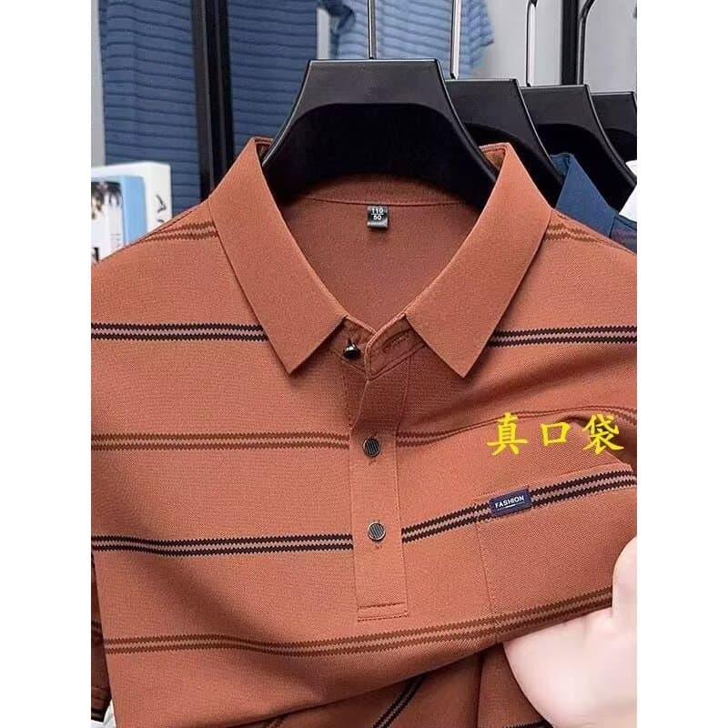 Pai usa camiseta de manga curta de verão, lapela masculina de meia-idade, estilo fino, respirável, seda gelada, metade @