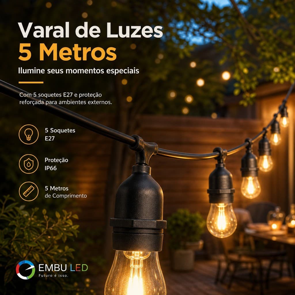 Varal De Luzes Cordao 5 Metros 5 Soquetes E27 Externo