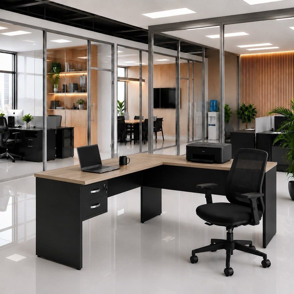 Mesa de Escritório em L 140x60cm com 2 Gavetas + Cadeira de Escritório Ergonômica Reclinável